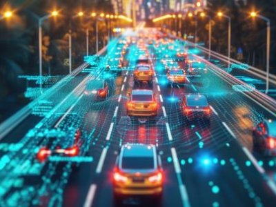 An AI overlay of traffic direction and movement as cars zoom on a freeway at dusk.